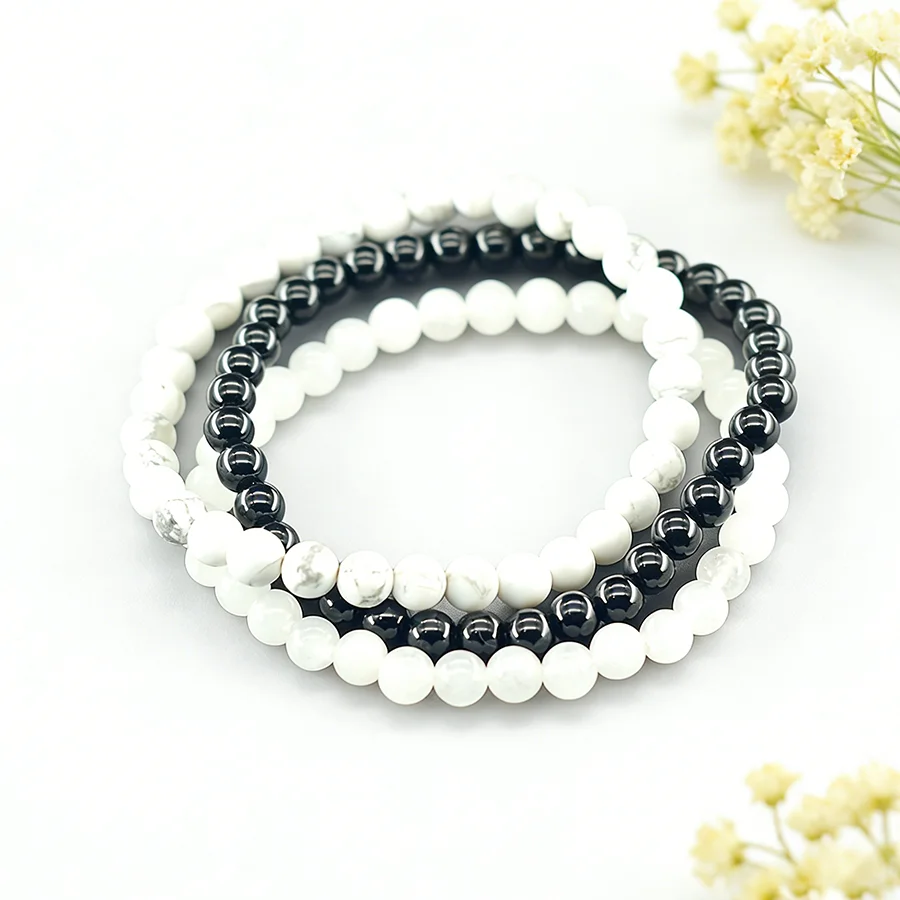 6mm White Jade Natural Stone Beads Bracelet for Women 3 Pcs/Set Howlite Obsidian Jewelry Set Minimalist Style Gift Bundle Sale
