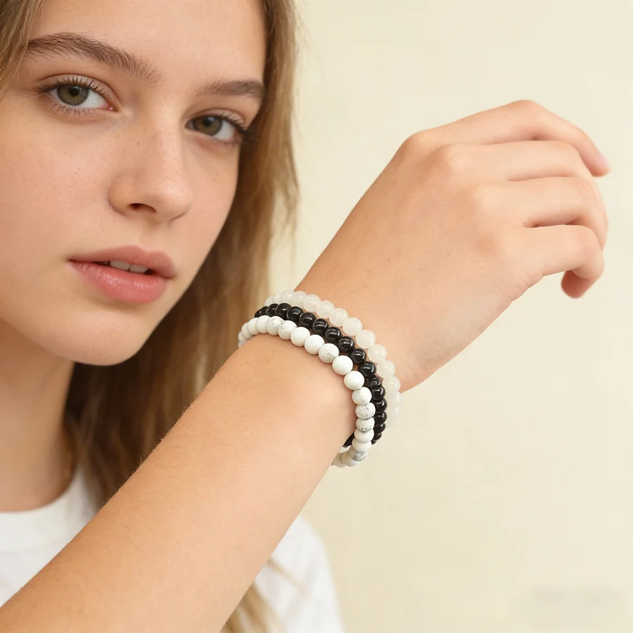 6mm White Jade Natural Stone Beads Bracelet for Women 3 Pcs/Set Howlite Obsidian Jewelry Set Minimalist Style Gift Bundle Sale