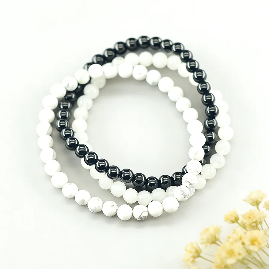 6mm White Jade Natural Stone Beads Bracelet for Women 3 Pcs/Set Howlite Obsidian Jewelry Set Minimalist Style Gift Bundle Sale
