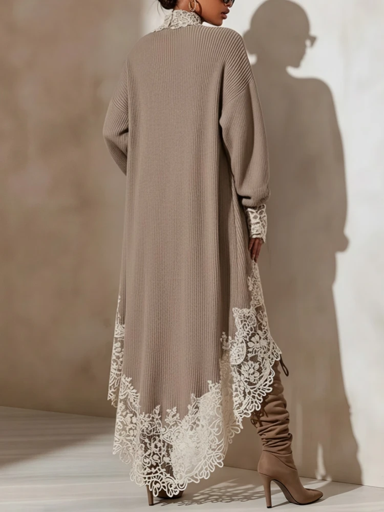 Solid Lace Trim Mini Dress Women Casual Patchwork Long Sleeve Turtleneck Asymmetrical Hem Loose Dresses 2026 Spring Autumn Dress