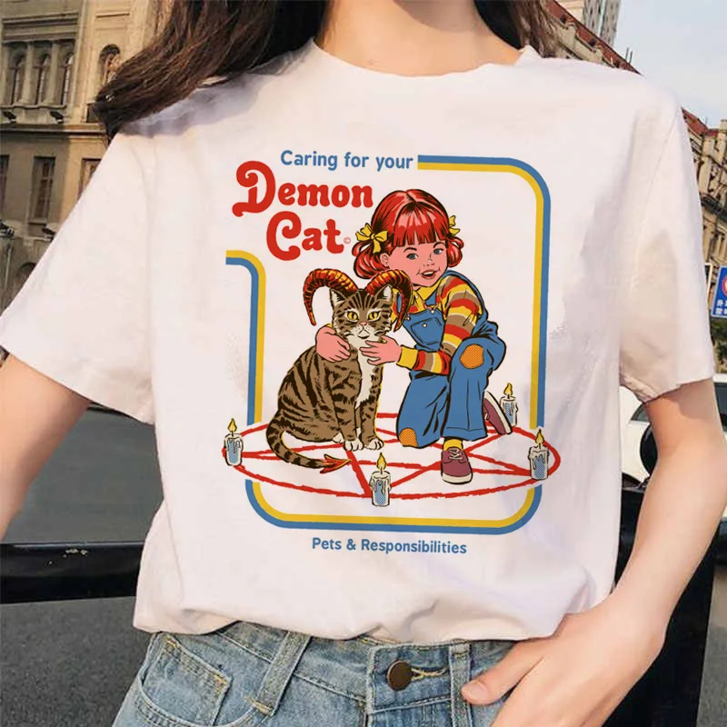 Let's Summon Demons Aesthetics T shirt Women Summer Casual Harajuku Cartoon Print Satan Short Sleeve Tops Camiseta Streetwear