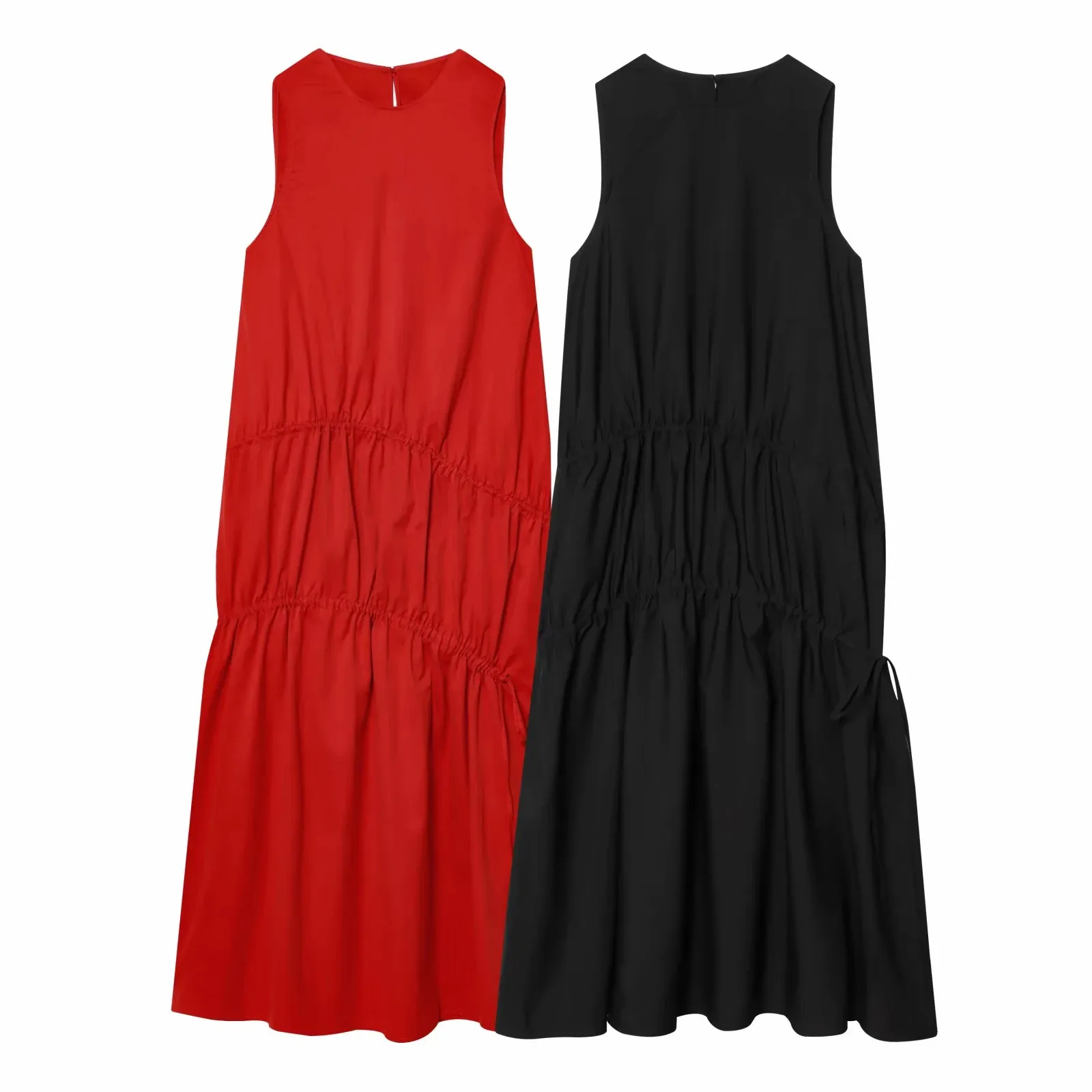 Women New Summer Sleeveless O-neck Long Dress Women's French Style Loose Vintage Bow Midi Dress Female Beach Dress Vestido
