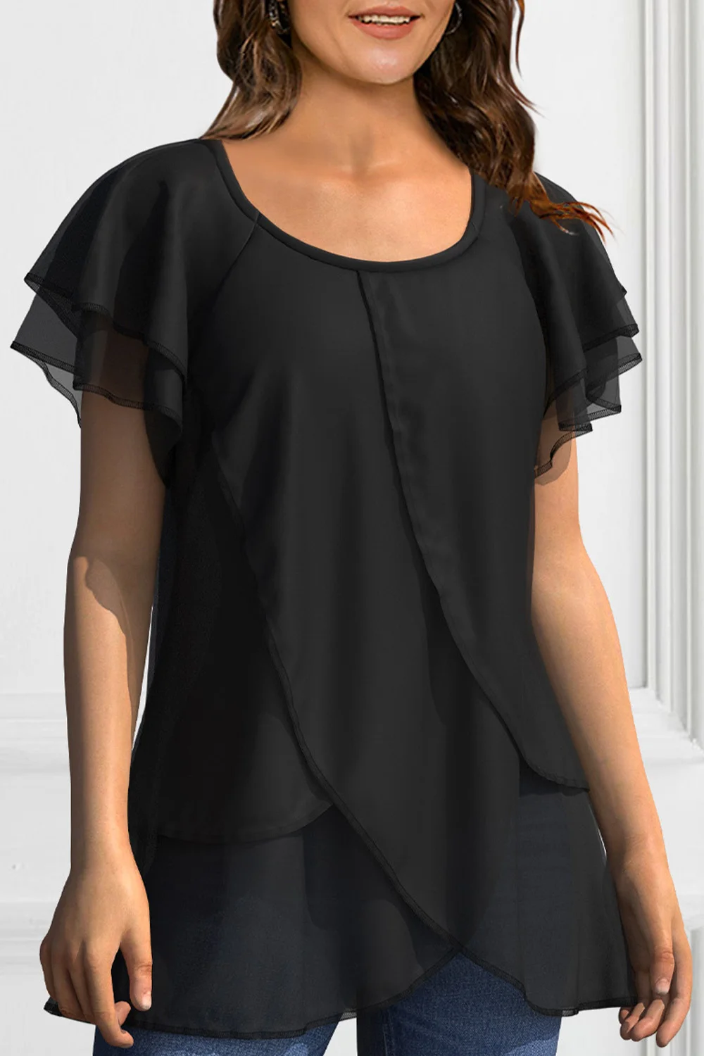 Women Plus Size Blouse Chiffon Short Sleeve Round Neck Elegant Irregular Hem Office Lady Summer Chiffon Blouse Tops