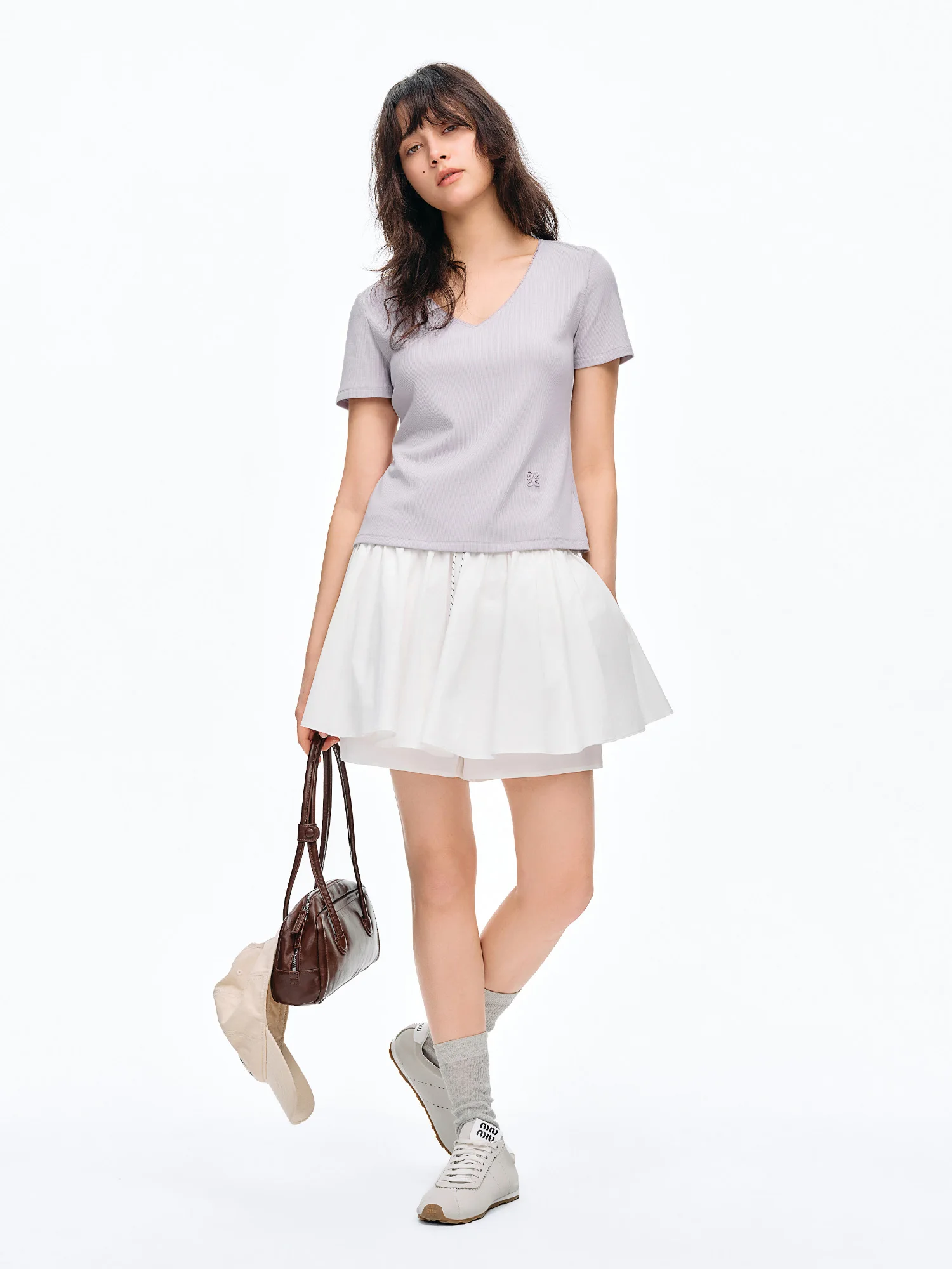 DUSHU Elastic Slim Fit Short Sleeve T-Shirt Women V-neck Summer Basics Style Double Style Embroidered Antibacterial Top Solid