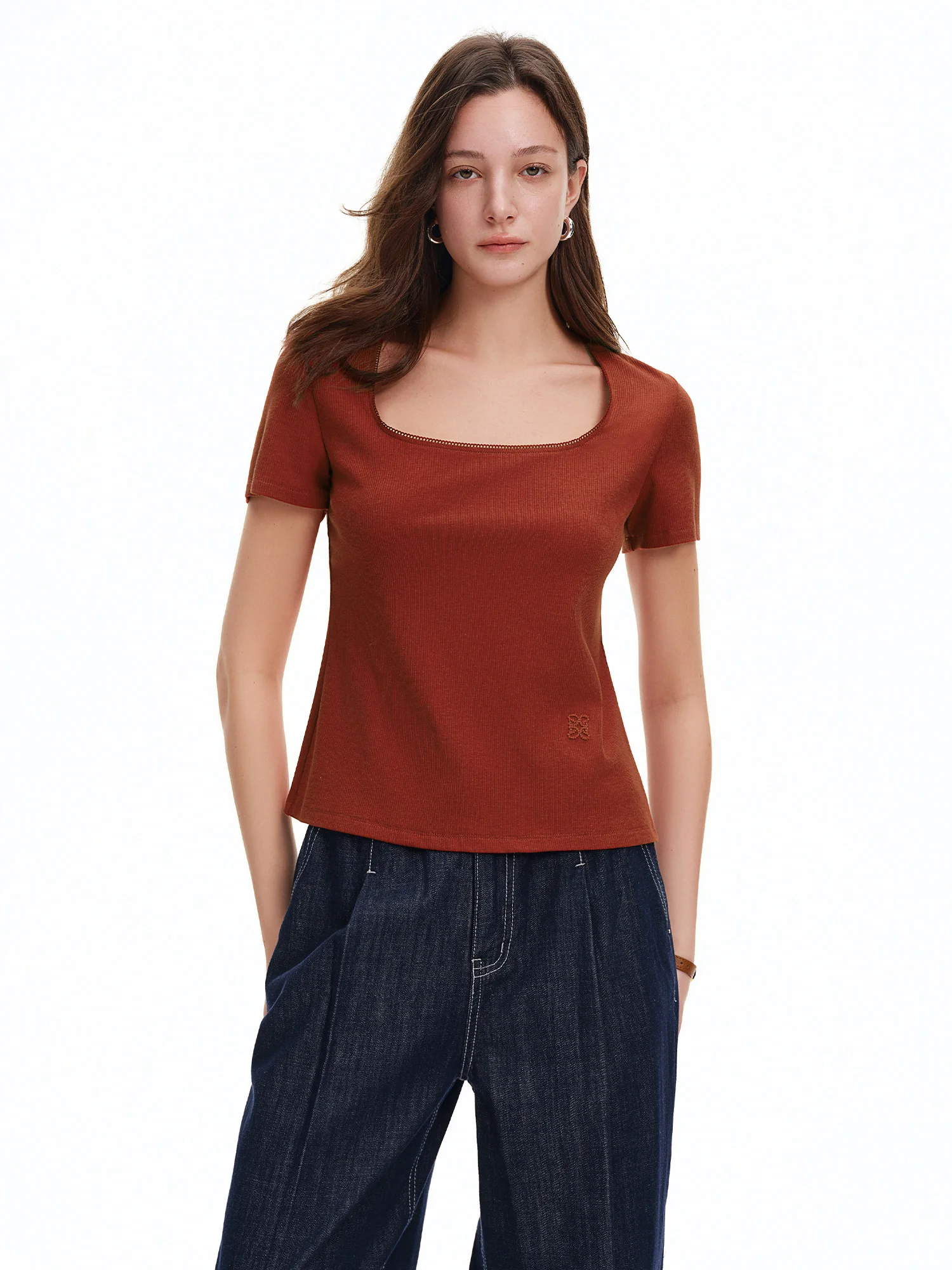 DUSHU Elastic Slim Fit Short Sleeve T-Shirt Women V-neck Summer Basics Style Double Style Embroidered Antibacterial Top Solid