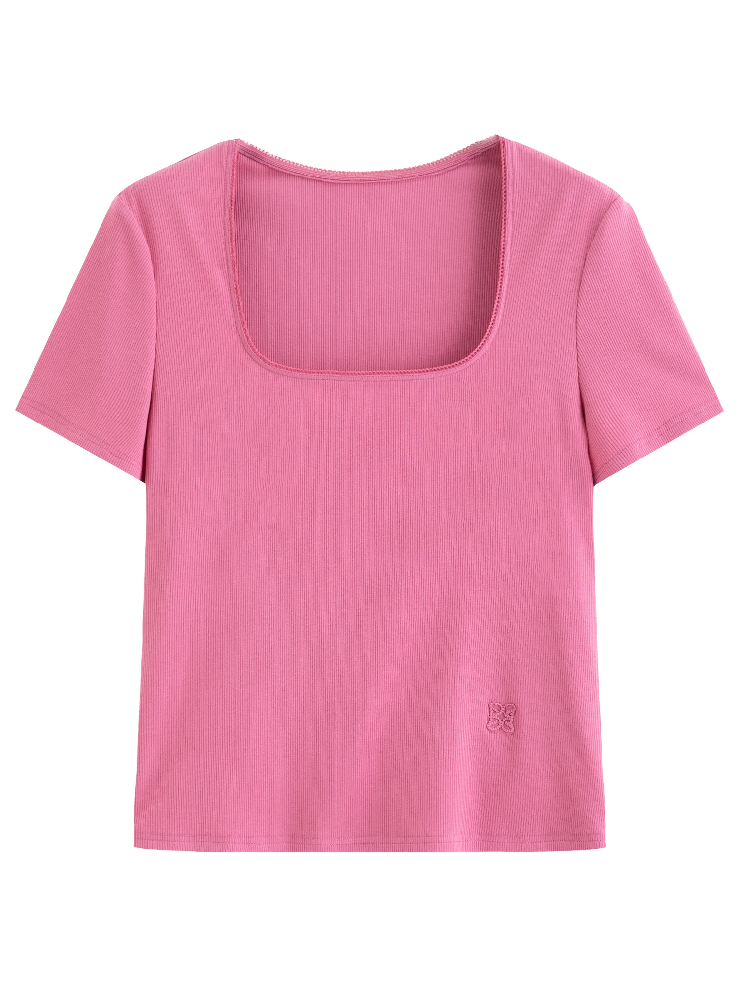 DUSHU Elastic Slim Fit Short Sleeve T-Shirt Women V-neck Summer Basics Style Double Style Embroidered Antibacterial Top Solid