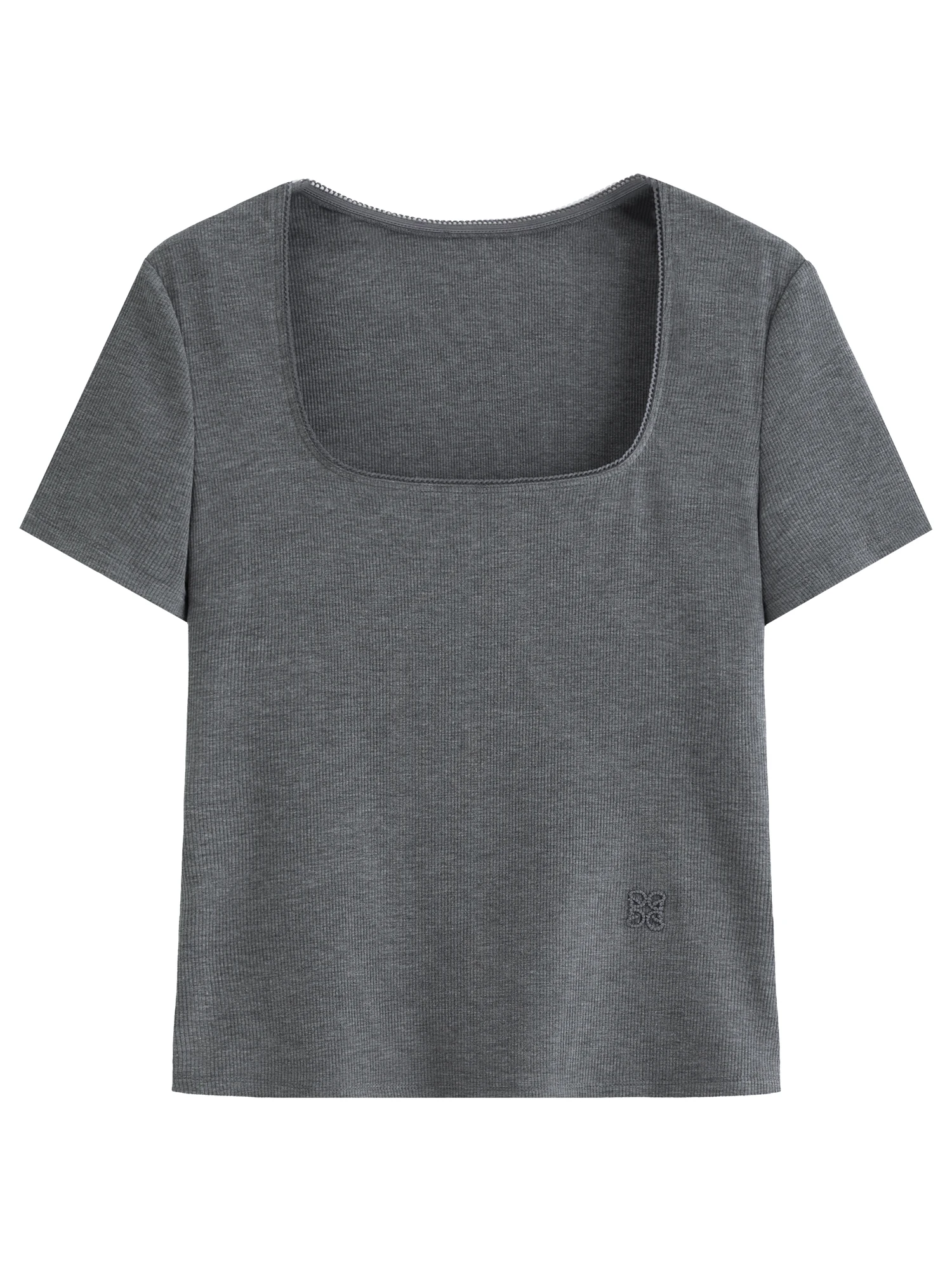 DUSHU Elastic Slim Fit Short Sleeve T-Shirt Women V-neck Summer Basics Style Double Style Embroidered Antibacterial Top Solid