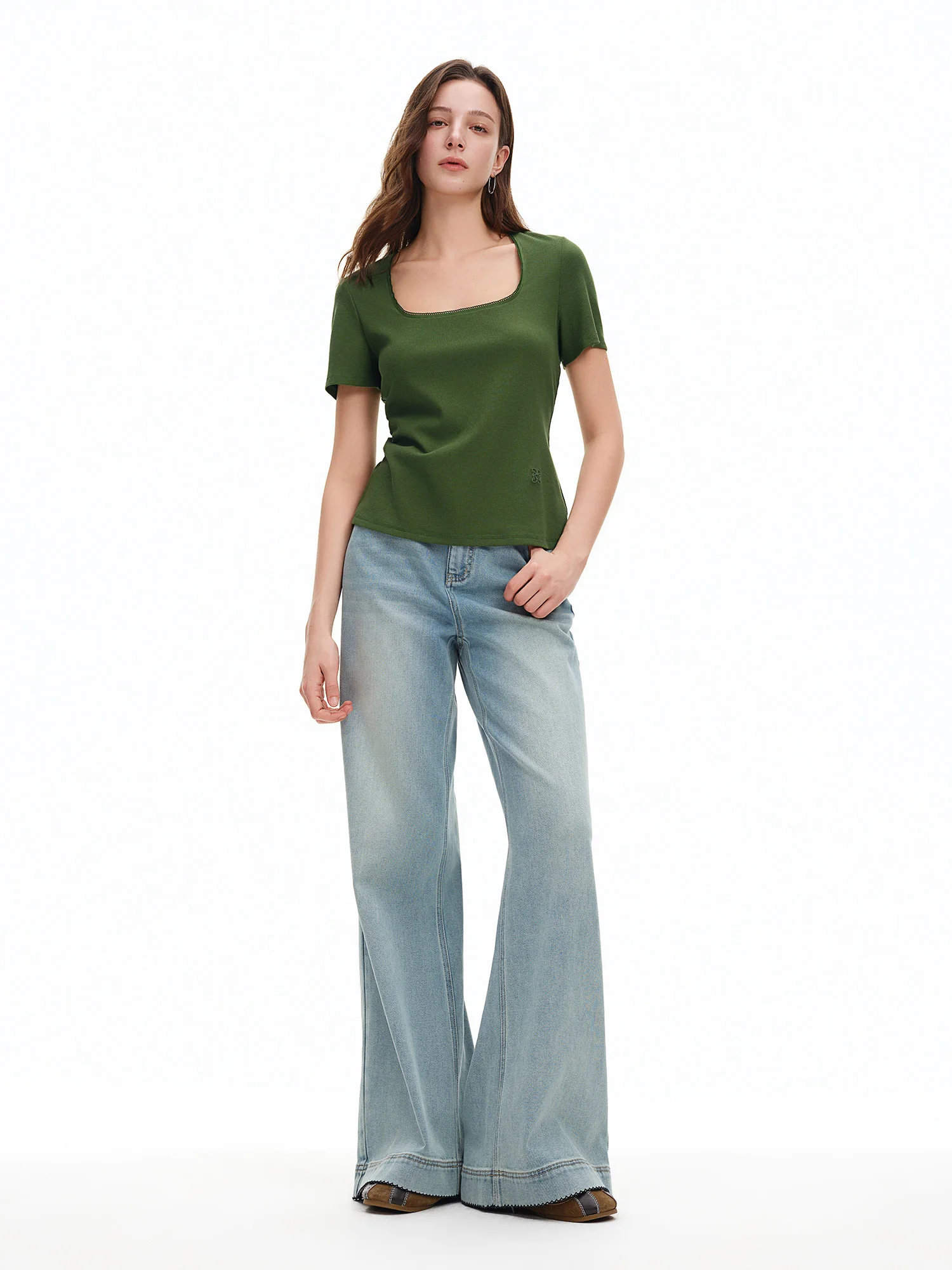DUSHU Elastic Slim Fit Short Sleeve T-Shirt Women V-neck Summer Basics Style Double Style Embroidered Antibacterial Top Solid