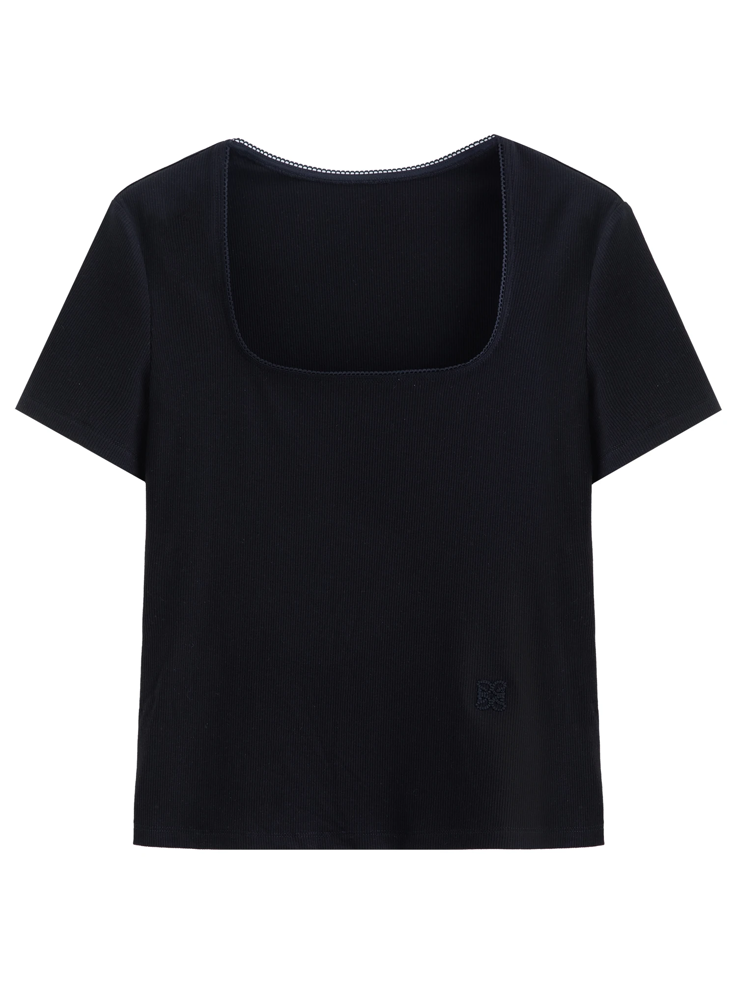 DUSHU Elastic Slim Fit Short Sleeve T-Shirt Women V-neck Summer Basics Style Double Style Embroidered Antibacterial Top Solid