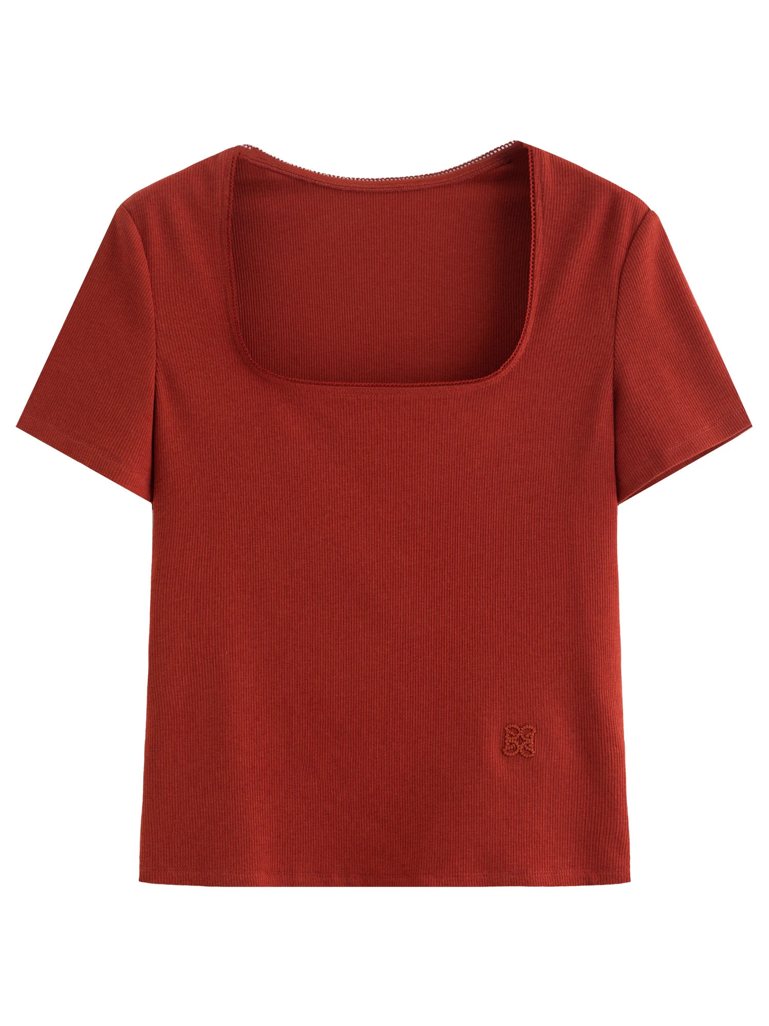 DUSHU Elastic Slim Fit Short Sleeve T-Shirt Women V-neck Summer Basics Style Double Style Embroidered Antibacterial Top Solid