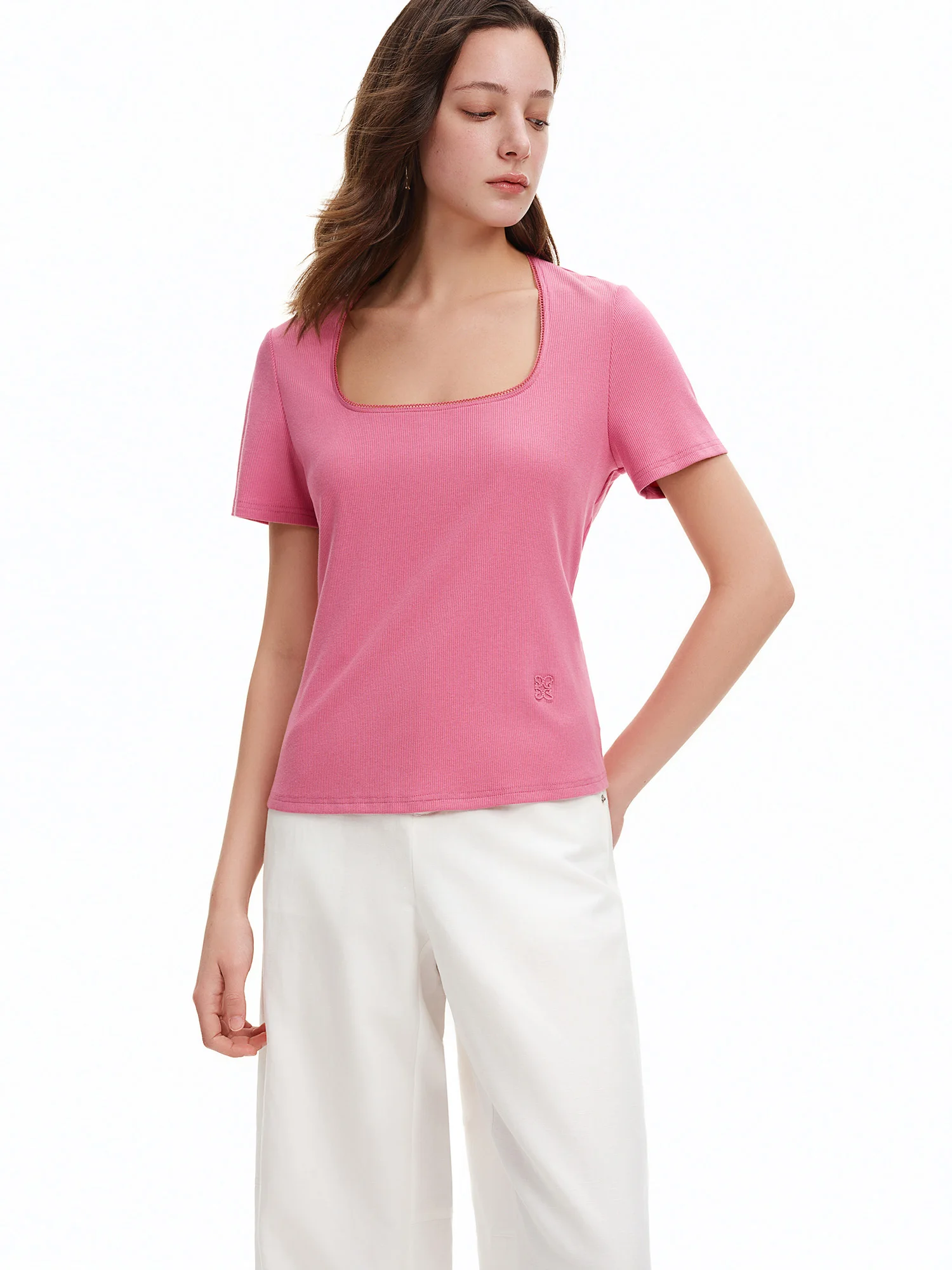 DUSHU Elastic Slim Fit Short Sleeve T-Shirt Women V-neck Summer Basics Style Double Style Embroidered Antibacterial Top Solid