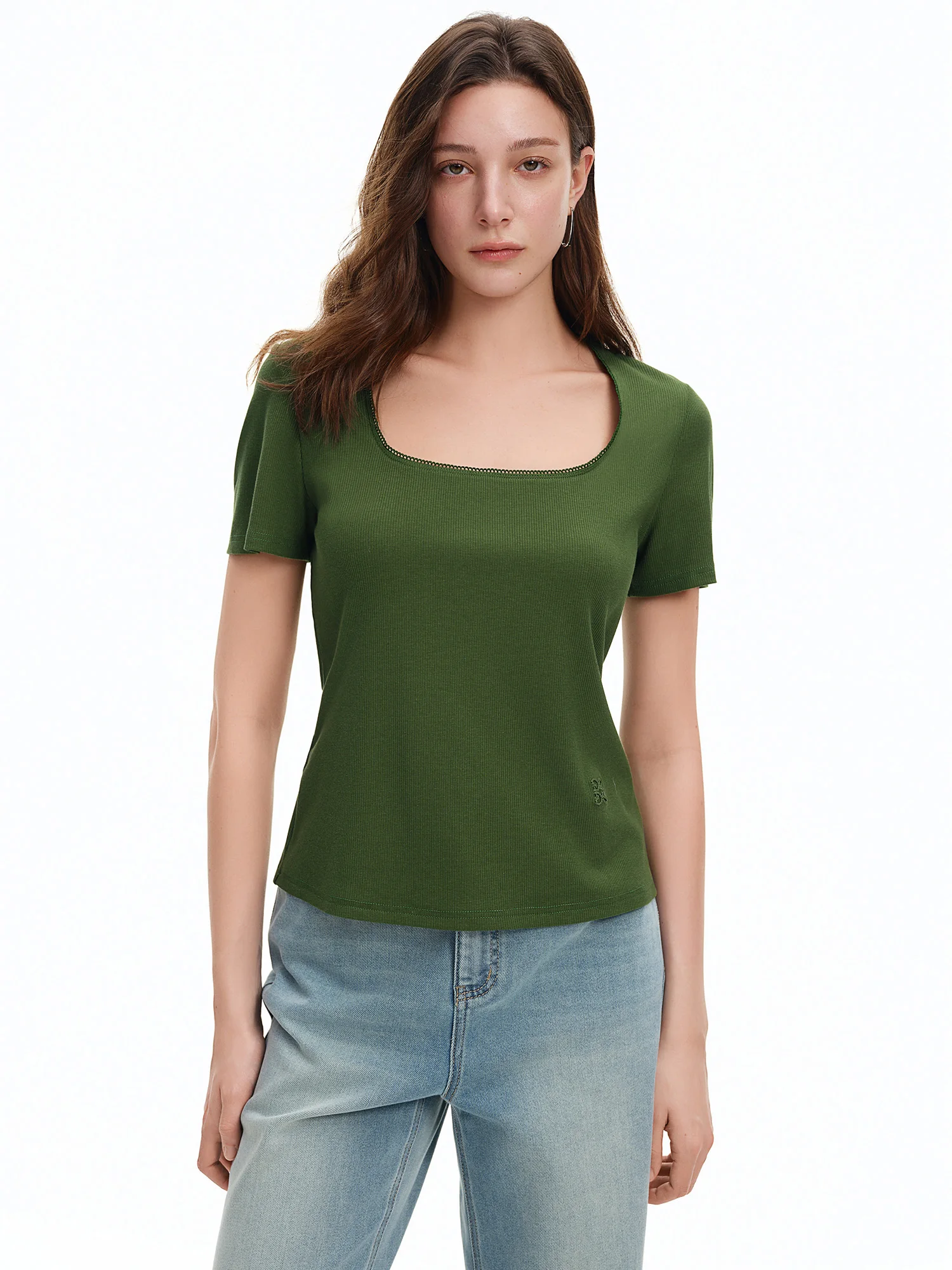 DUSHU Elastic Slim Fit Short Sleeve T-Shirt Women V-neck Summer Basics Style Double Style Embroidered Antibacterial Top Solid