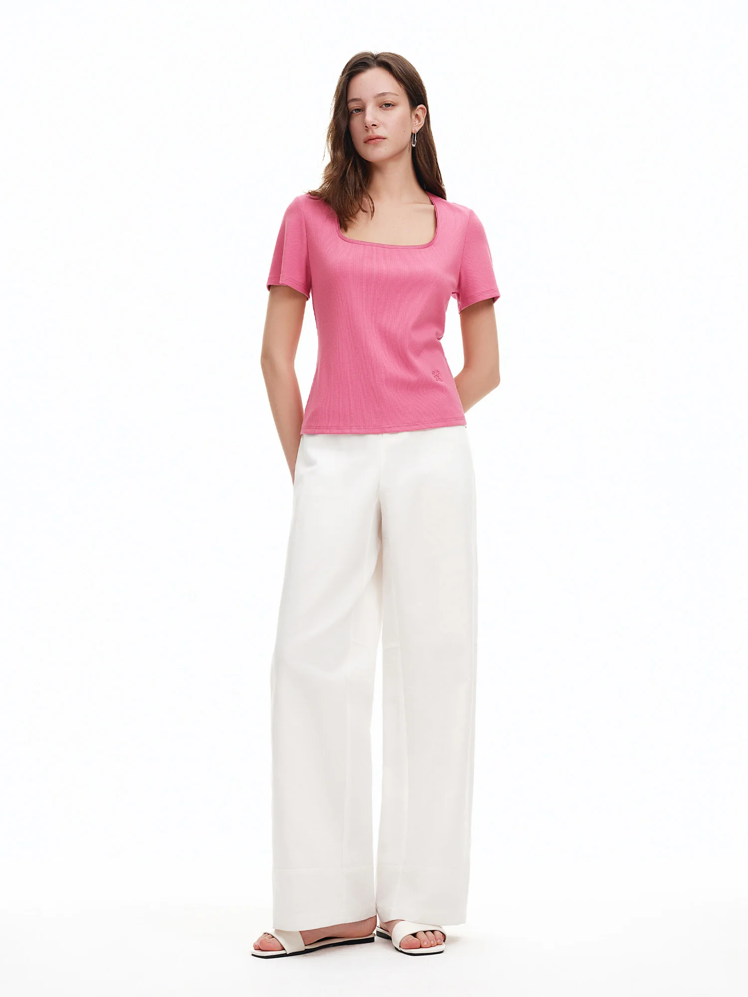 DUSHU Elastic Slim Fit Short Sleeve T-Shirt Women V-neck Summer Basics Style Double Style Embroidered Antibacterial Top Solid