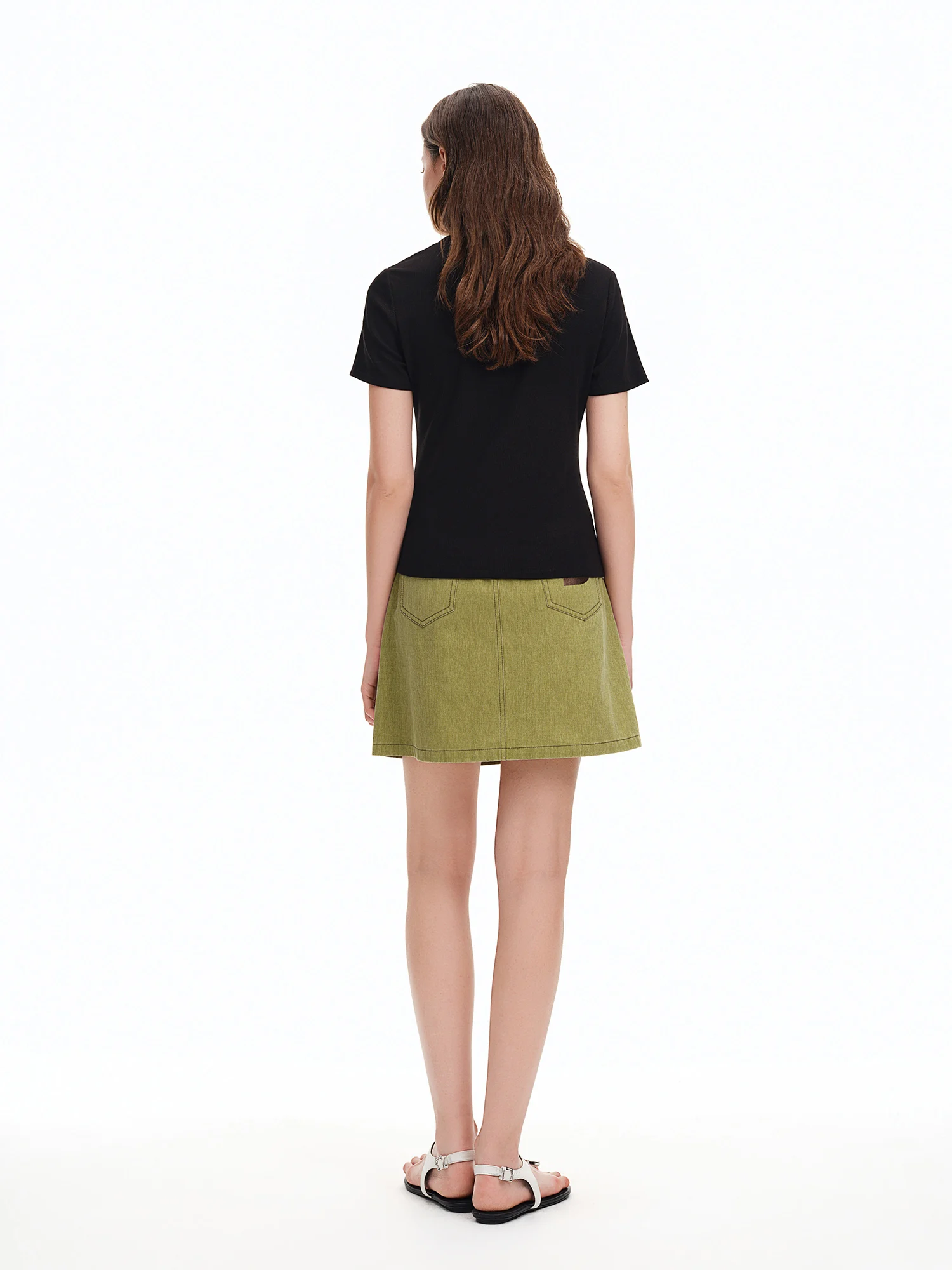 DUSHU Elastic Slim Fit Short Sleeve T-Shirt Women V-neck Summer Basics Style Double Style Embroidered Antibacterial Top Solid