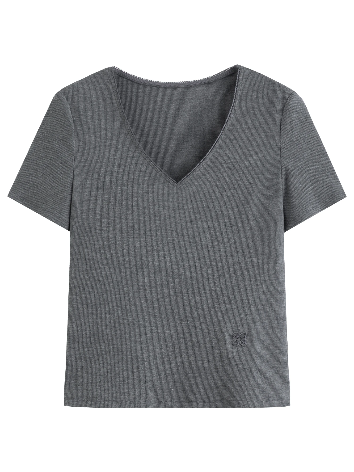 DUSHU Elastic Slim Fit Short Sleeve T-Shirt Women V-neck Summer Basics Style Double Style Embroidered Antibacterial Top Solid