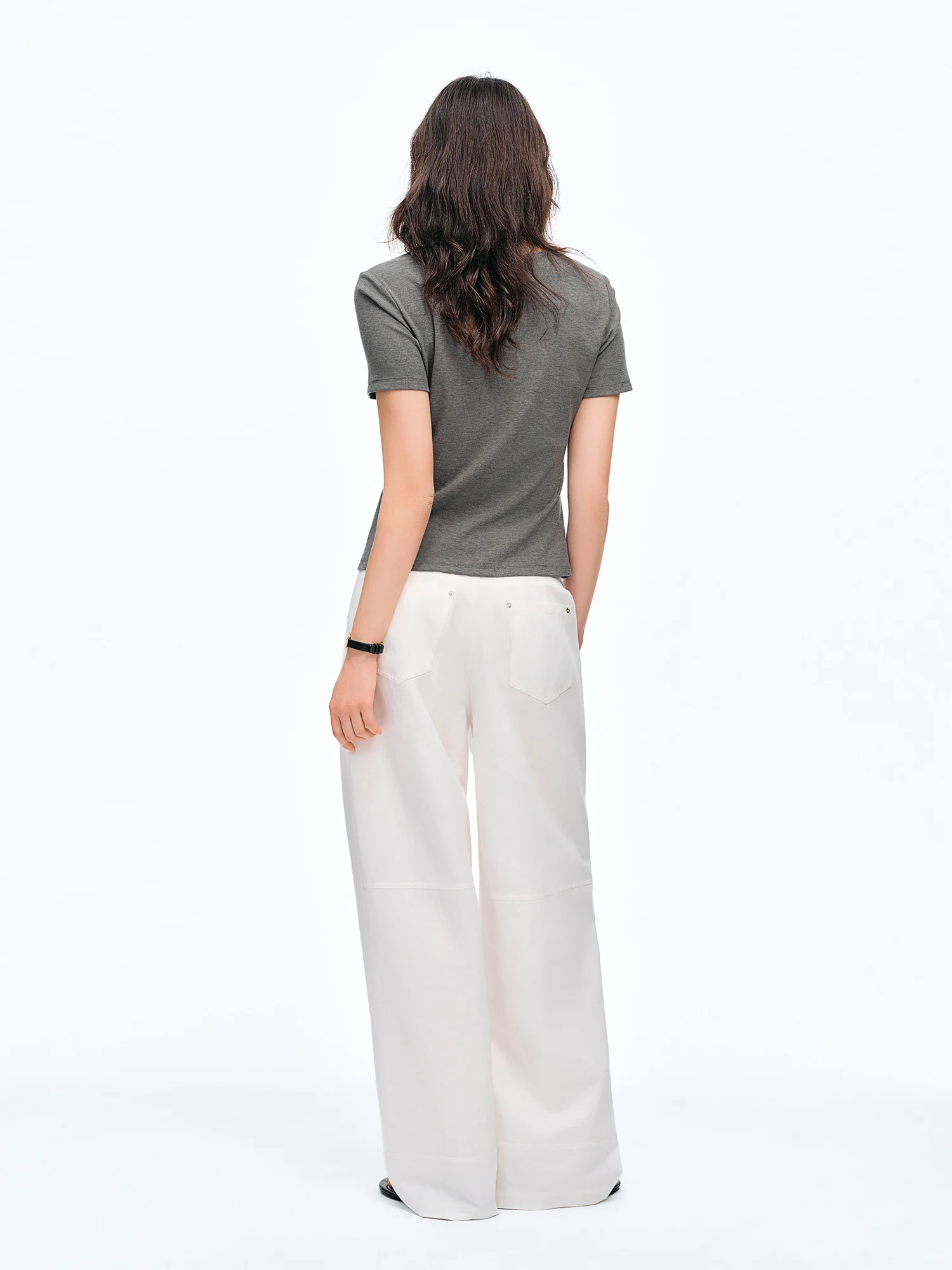 DUSHU Elastic Slim Fit Short Sleeve T-Shirt Women V-neck Summer Basics Style Double Style Embroidered Antibacterial Top Solid