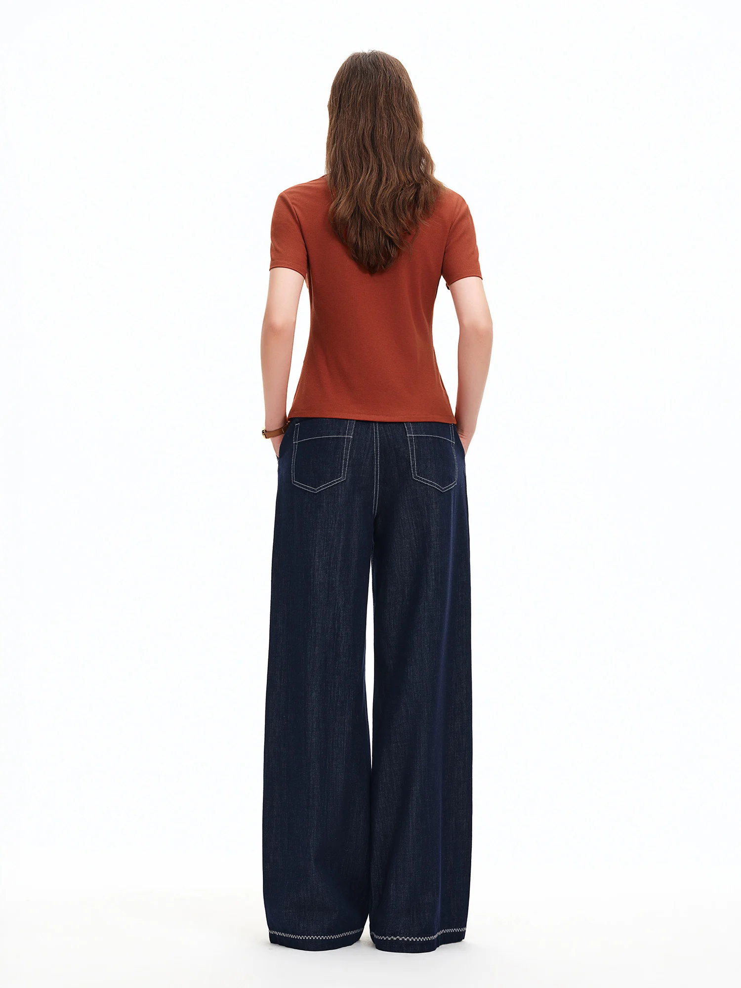 DUSHU Elastic Slim Fit Short Sleeve T-Shirt Women V-neck Summer Basics Style Double Style Embroidered Antibacterial Top Solid