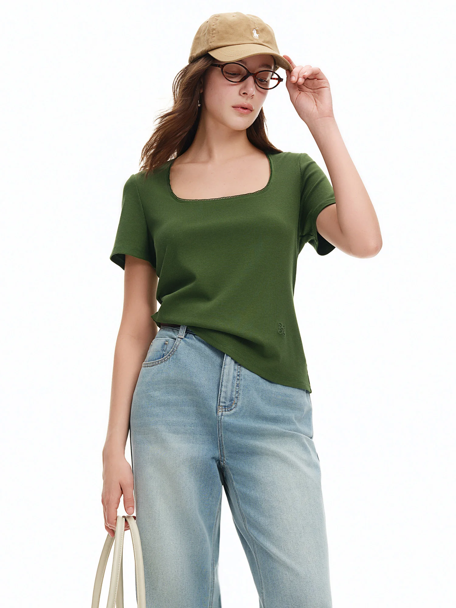 DUSHU Elastic Slim Fit Short Sleeve T-Shirt Women V-neck Summer Basics Style Double Style Embroidered Antibacterial Top Solid