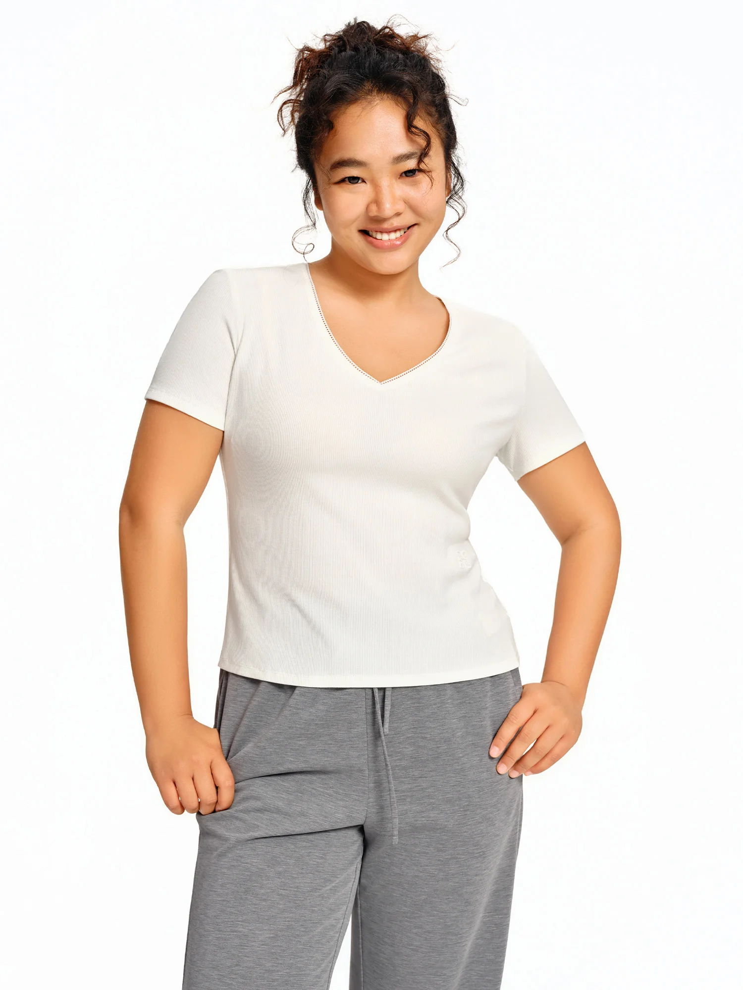 DUSHU Elastic Slim Fit Short Sleeve T-Shirt Women V-neck Summer Basics Style Double Style Embroidered Antibacterial Top Solid