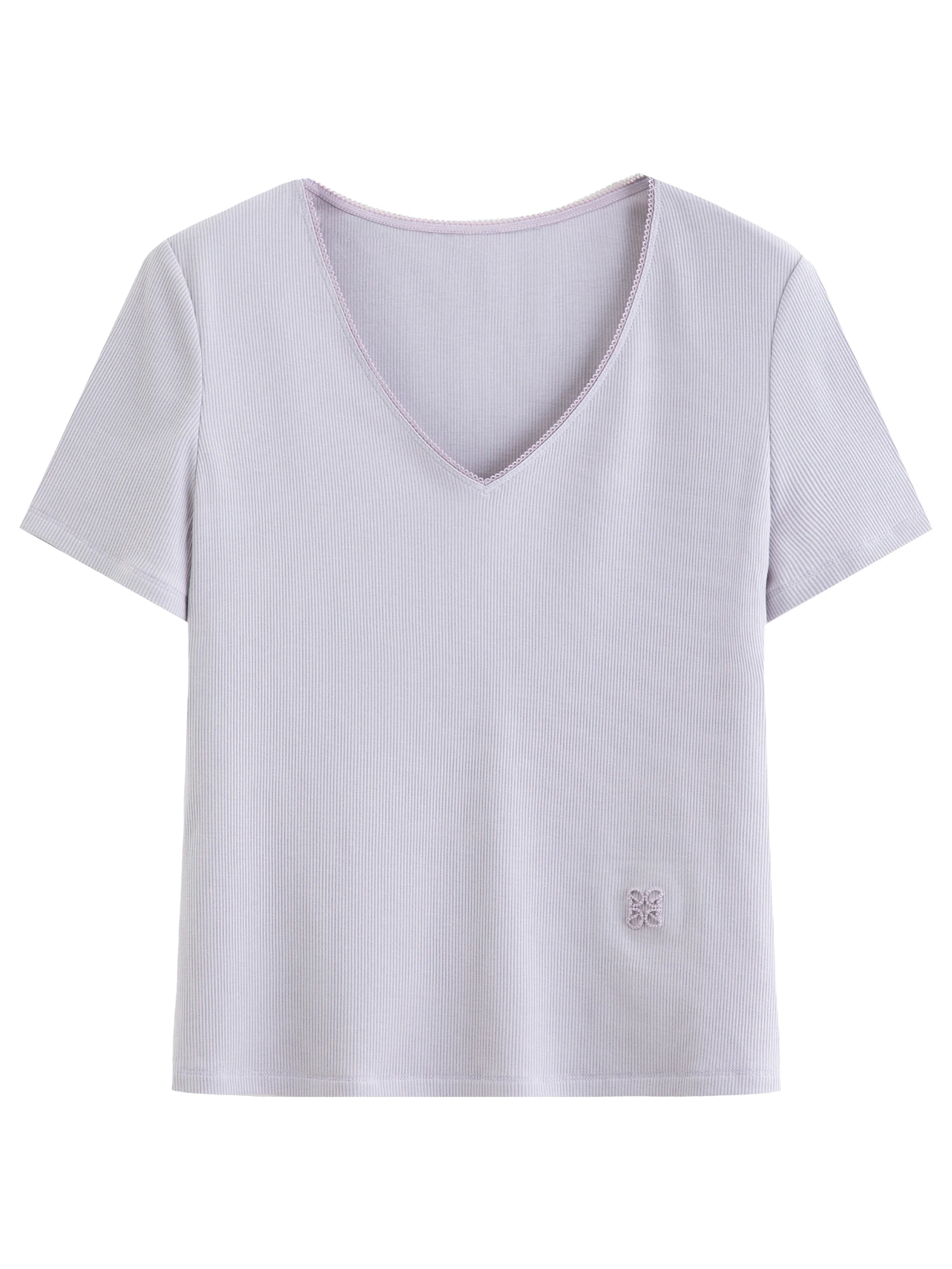 DUSHU Elastic Slim Fit Short Sleeve T-Shirt Women V-neck Summer Basics Style Double Style Embroidered Antibacterial Top Solid