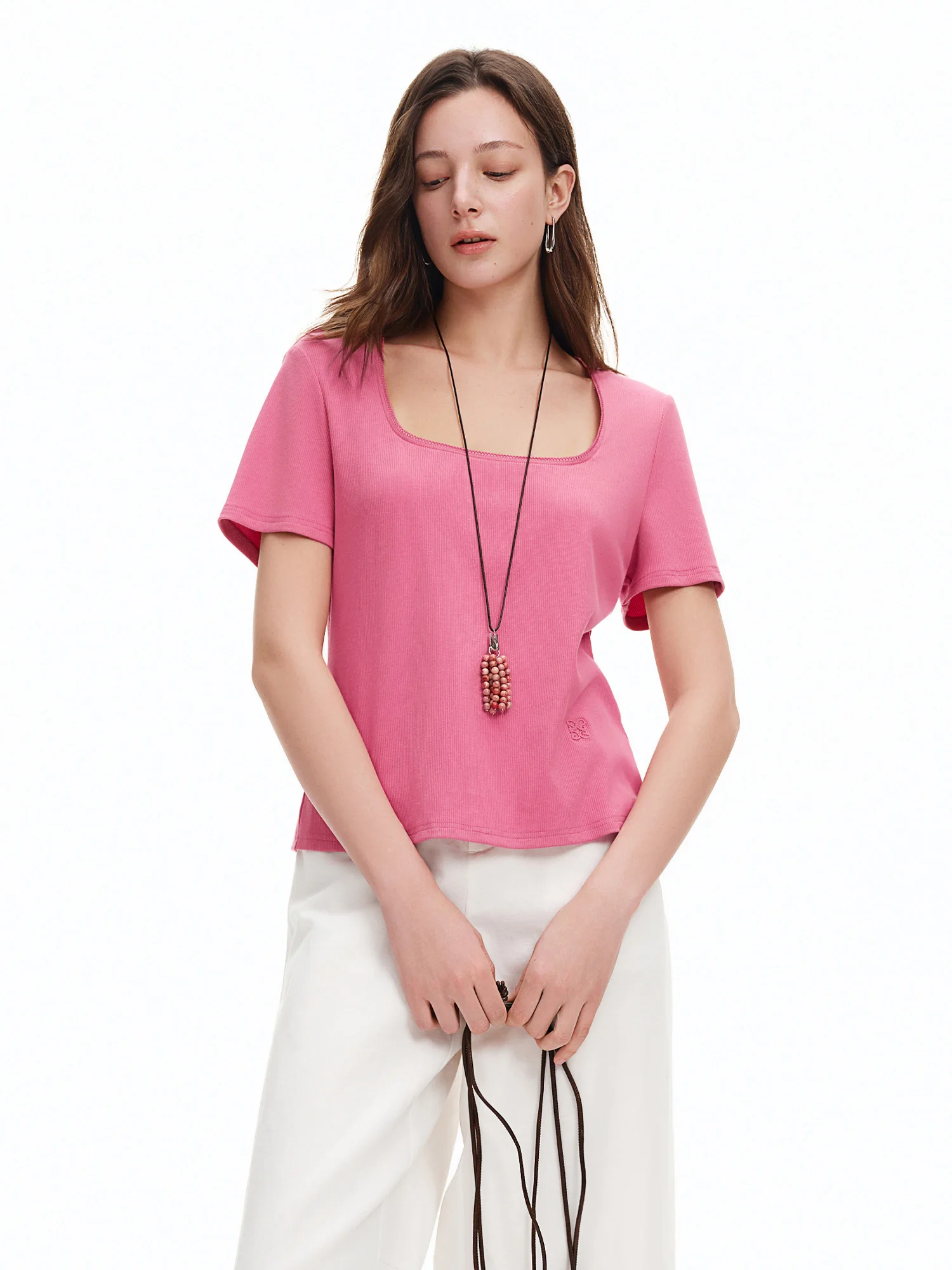 DUSHU Elastic Slim Fit Short Sleeve T-Shirt Women V-neck Summer Basics Style Double Style Embroidered Antibacterial Top Solid