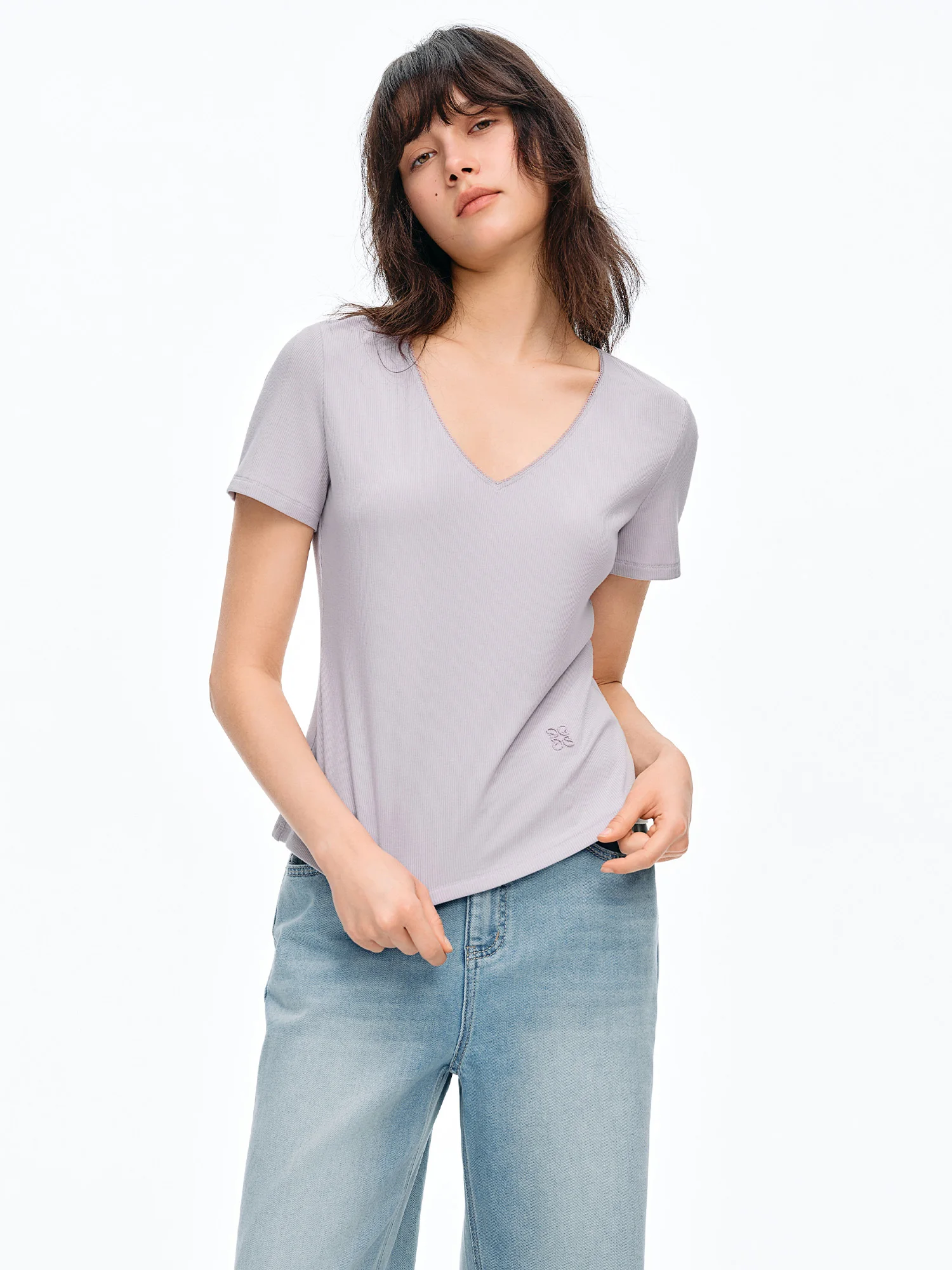 DUSHU Elastic Slim Fit Short Sleeve T-Shirt Women V-neck Summer Basics Style Double Style Embroidered Antibacterial Top Solid