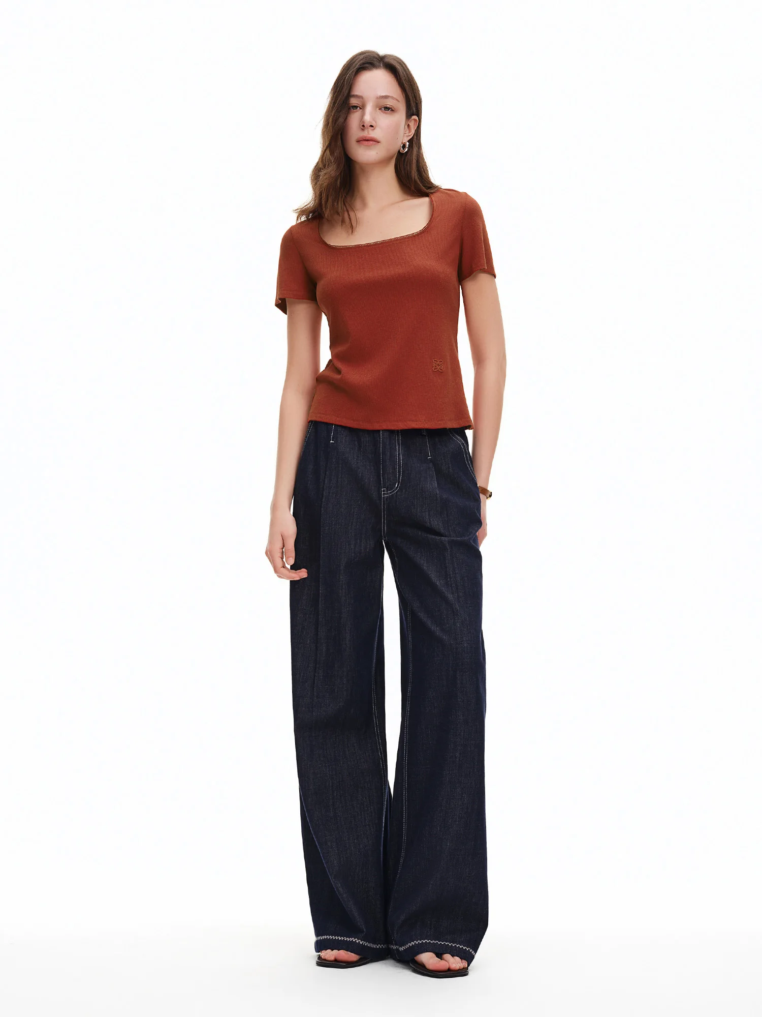 DUSHU Elastic Slim Fit Short Sleeve T-Shirt Women V-neck Summer Basics Style Double Style Embroidered Antibacterial Top Solid