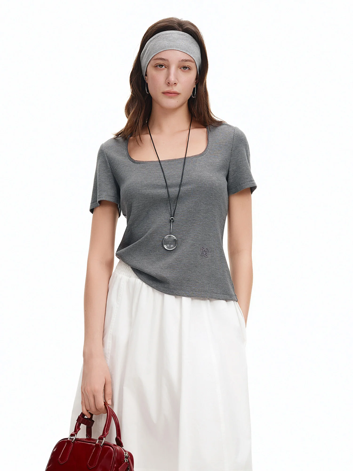 DUSHU Elastic Slim Fit Short Sleeve T-Shirt Women V-neck Summer Basics Style Double Style Embroidered Antibacterial Top Solid