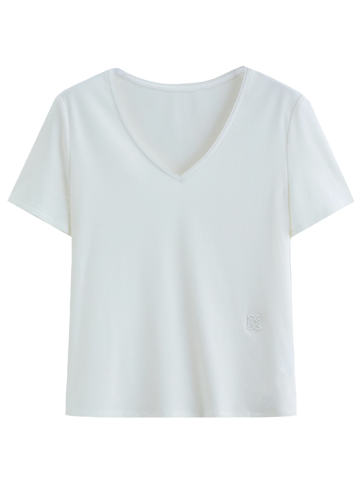 DUSHU Elastic Slim Fit Short Sleeve T-Shirt Women V-neck Summer Basics Style Double Style Embroidered Antibacterial Top Solid