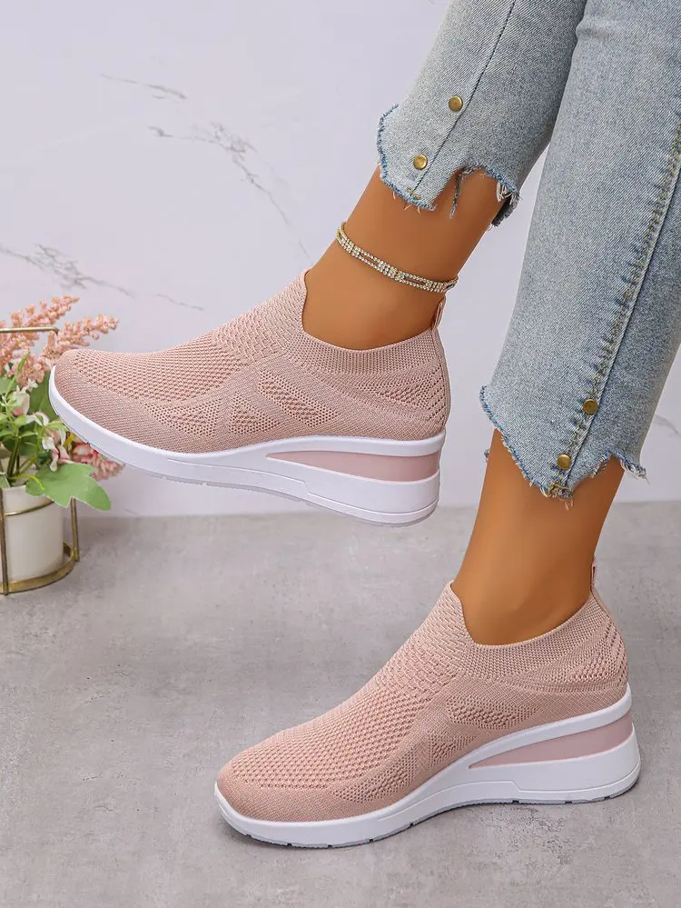 Women's Breathable Mesh Wedge Sneakers Slip-On High Heels Walking Shoes Non-Slip Comfortable for Casual Daily Wear