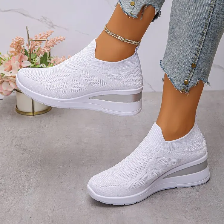 Women's Breathable Mesh Wedge Sneakers Slip-On High Heels Walking Shoes Non-Slip Comfortable for Casual Daily Wear