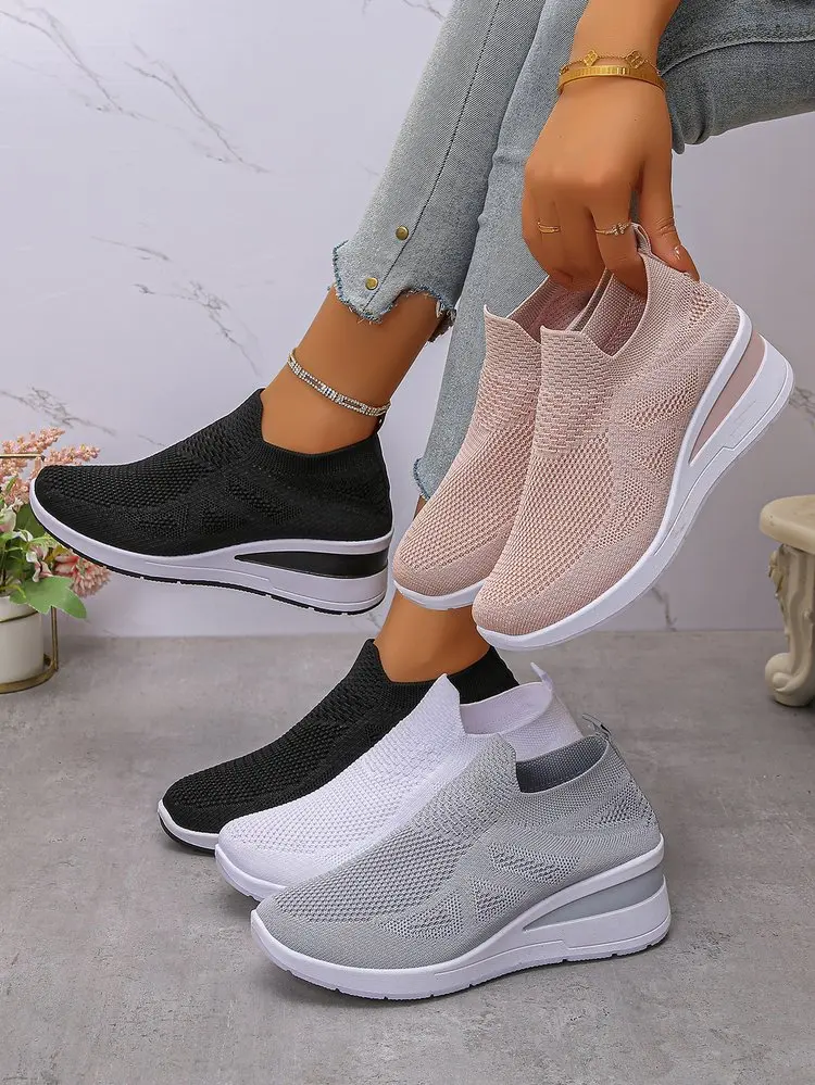 Women's Breathable Mesh Wedge Sneakers Slip-On High Heels Walking Shoes Non-Slip Comfortable for Casual Daily Wear