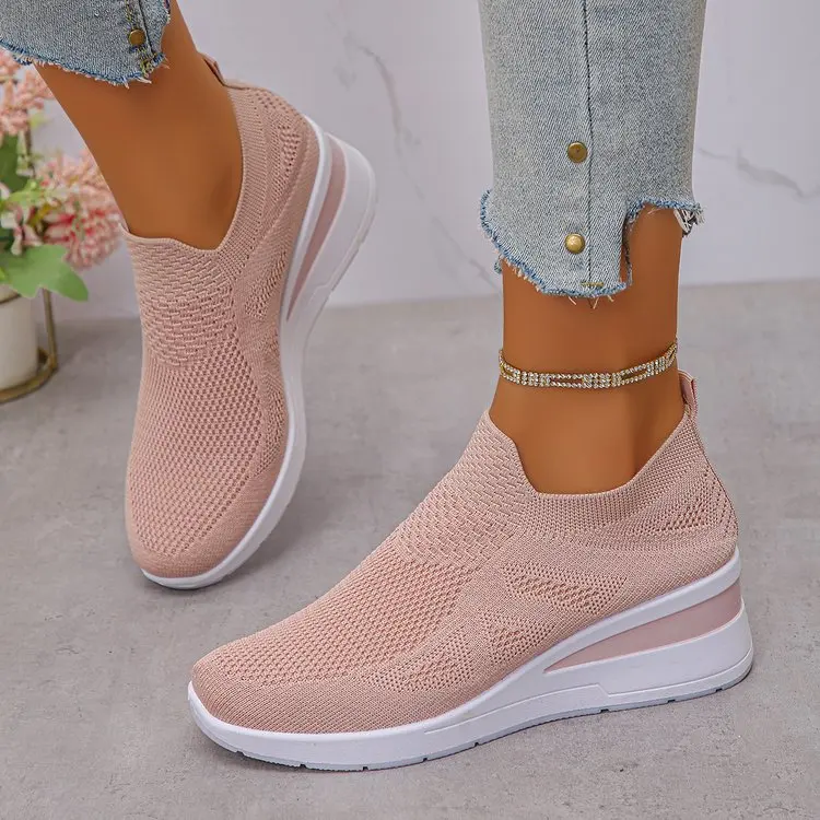 Women's Breathable Mesh Wedge Sneakers Slip-On High Heels Walking Shoes Non-Slip Comfortable for Casual Daily Wear
