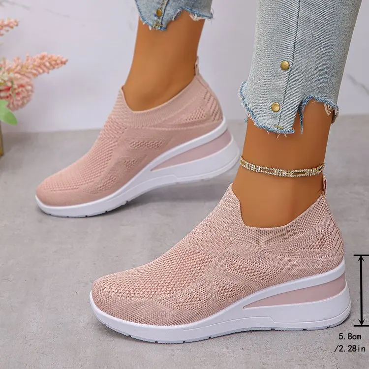 Women's Breathable Mesh Wedge Sneakers Slip-On High Heels Walking Shoes Non-Slip Comfortable for Casual Daily Wear
