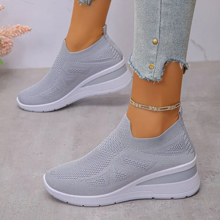 Women's Breathable Mesh Wedge Sneakers Slip-On High Heels Walking Shoes Non-Slip Comfortable for Casual Daily Wear