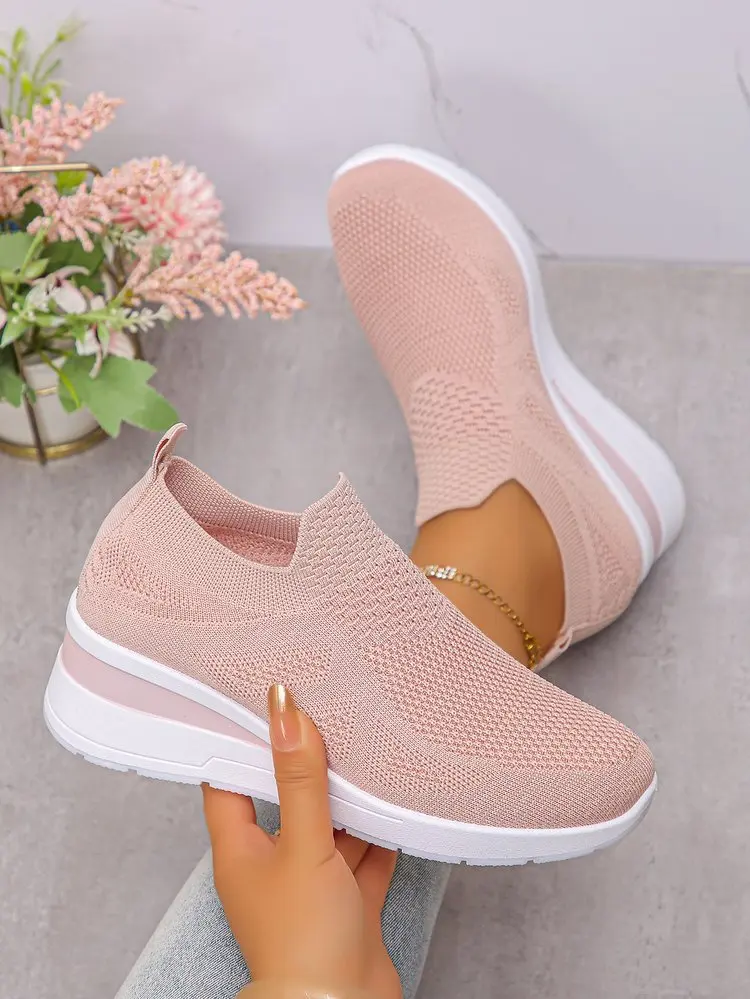 Women's Breathable Mesh Wedge Sneakers Slip-On High Heels Walking Shoes Non-Slip Comfortable for Casual Daily Wear