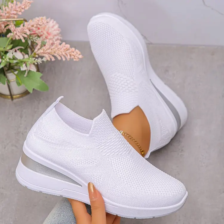 Women's Breathable Mesh Wedge Sneakers Slip-On High Heels Walking Shoes Non-Slip Comfortable for Casual Daily Wear