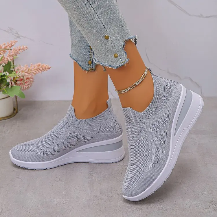 Women's Breathable Mesh Wedge Sneakers Slip-On High Heels Walking Shoes Non-Slip Comfortable for Casual Daily Wear
