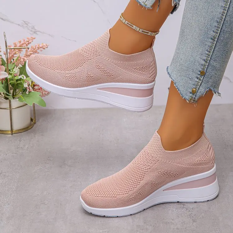 Women's Breathable Mesh Wedge Sneakers Slip-On High Heels Walking Shoes Non-Slip Comfortable for Casual Daily Wear