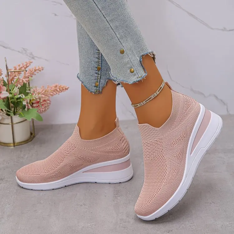 Women's Breathable Mesh Wedge Sneakers Slip-On High Heels Walking Shoes Non-Slip Comfortable for Casual Daily Wear