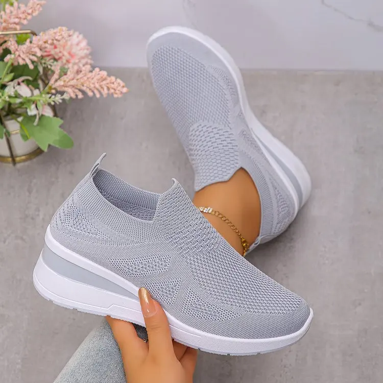 Women's Breathable Mesh Wedge Sneakers Slip-On High Heels Walking Shoes Non-Slip Comfortable for Casual Daily Wear