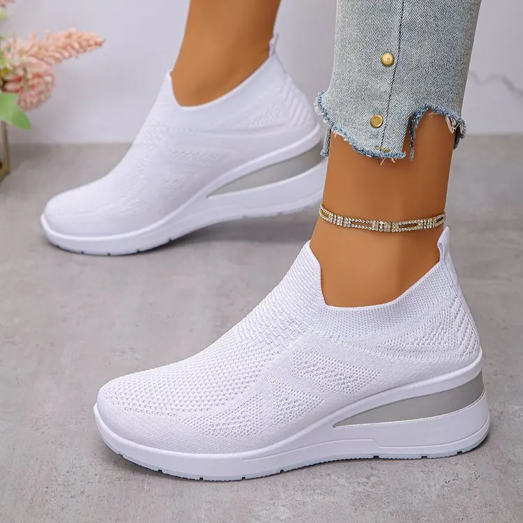 Women's Breathable Mesh Wedge Sneakers Slip-On High Heels Walking Shoes Non-Slip Comfortable for Casual Daily Wear
