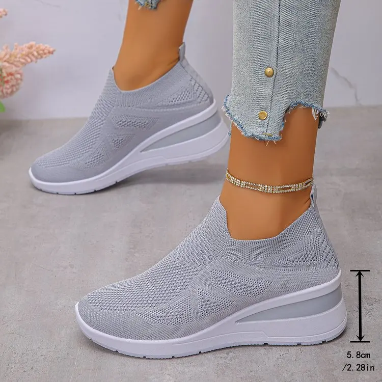 Women's Breathable Mesh Wedge Sneakers Slip-On High Heels Walking Shoes Non-Slip Comfortable for Casual Daily Wear