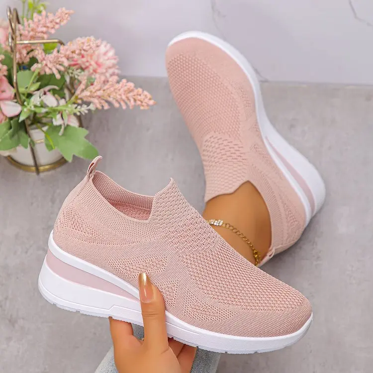 Women's Breathable Mesh Wedge Sneakers Slip-On High Heels Walking Shoes Non-Slip Comfortable for Casual Daily Wear