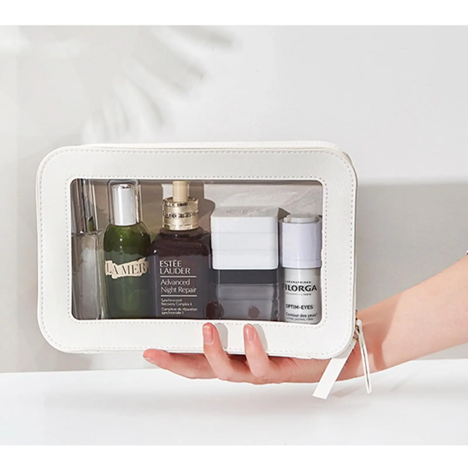 Clear and Waterproof Makeup Bag Portable Travel Cosmetic Case Organizer for Women Toiletry Pouch with Transparent Vinyl Windows