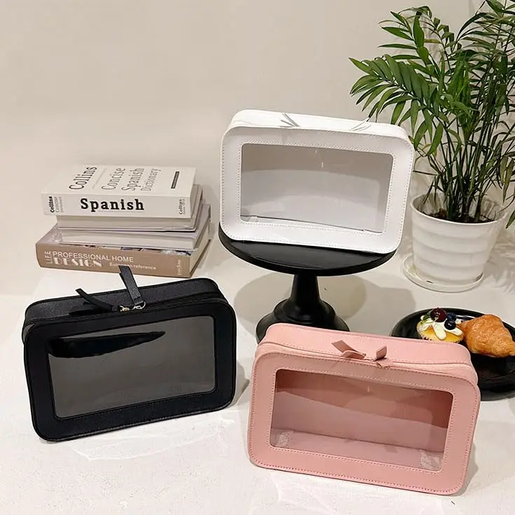 Clear and Waterproof Makeup Bag Portable Travel Cosmetic Case Organizer for Women Toiletry Pouch with Transparent Vinyl Windows
