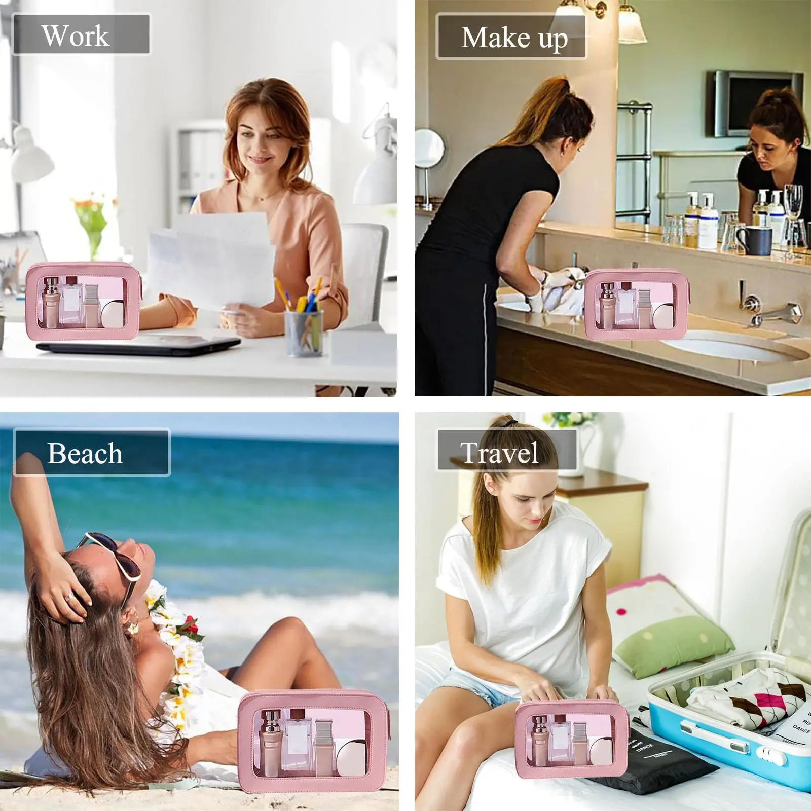 Clear and Waterproof Makeup Bag Portable Travel Cosmetic Case Organizer for Women Toiletry Pouch with Transparent Vinyl Windows