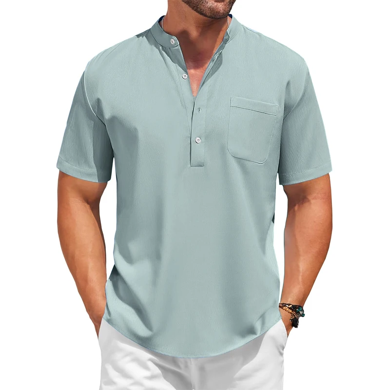 Mens Casual Henley Shirt Summer Short Sleeve Band Collar Cotton Tops Beach Hippie  Tee with Pockets Outdoor Streetwear for Men