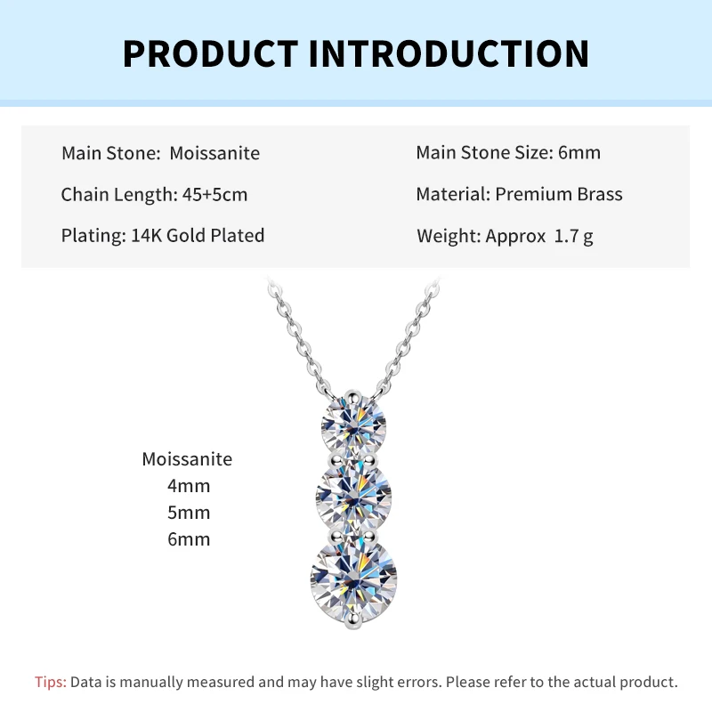Rrjzz Brilliant D-Color Round 4mm&5mm&6mm Full Moissanite Diamond Three Stone Pendant Necklace for Women Birthday Jewelry Gifts