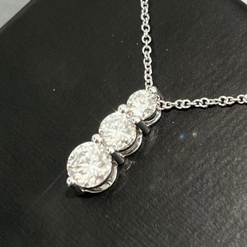 Rrjzz Brilliant D-Color Round 4mm&5mm&6mm Full Moissanite Diamond Three Stone Pendant Necklace for Women Birthday Jewelry Gifts